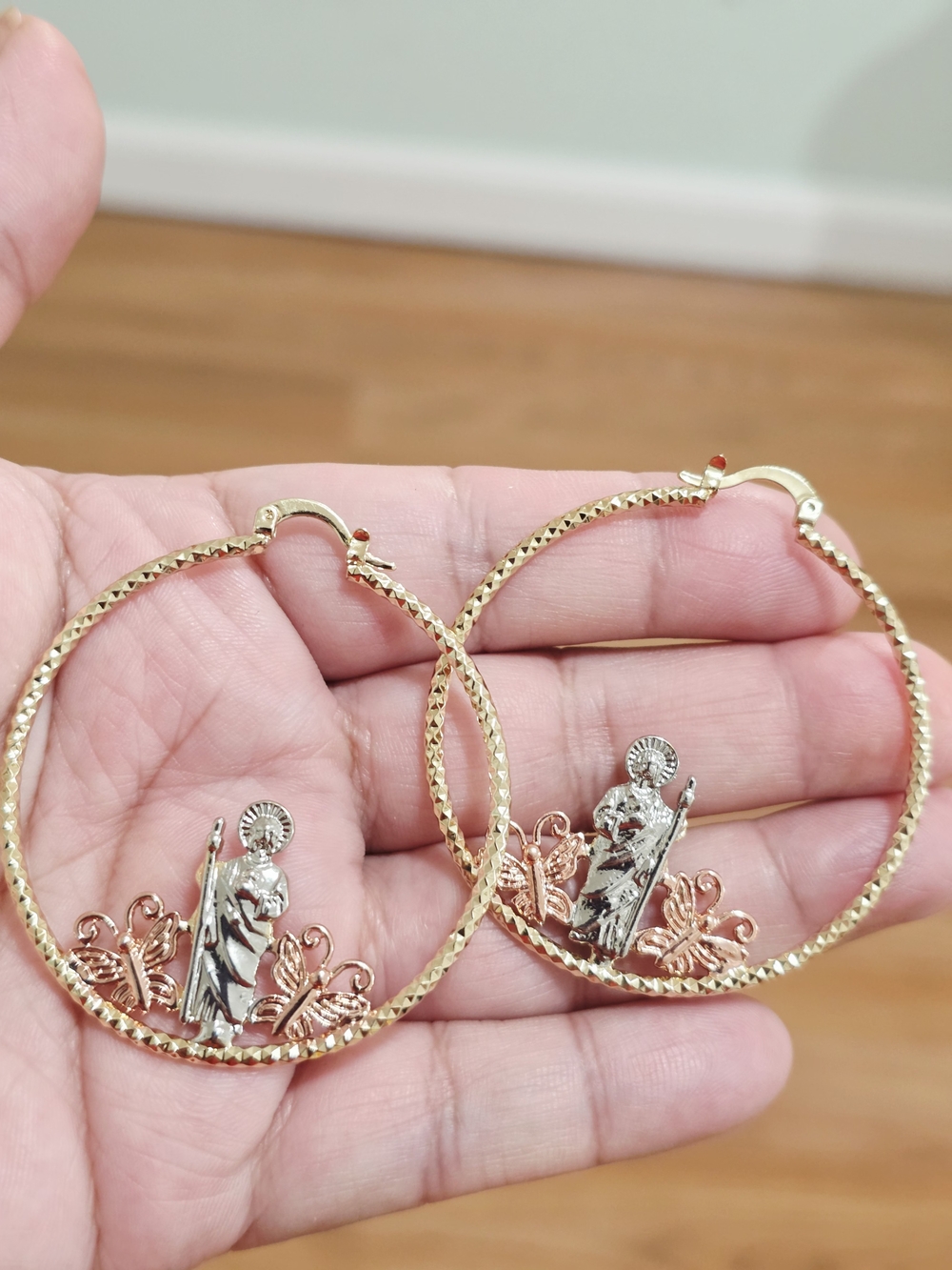 Two-Tone Gold and Rose Gold Saint Hoop Earrings